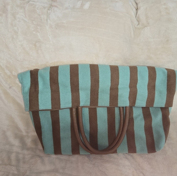 NWOT Anthropologie Turquoise and Brown Striped Tote Bag w/ Pouch - Picture 6 of 6
